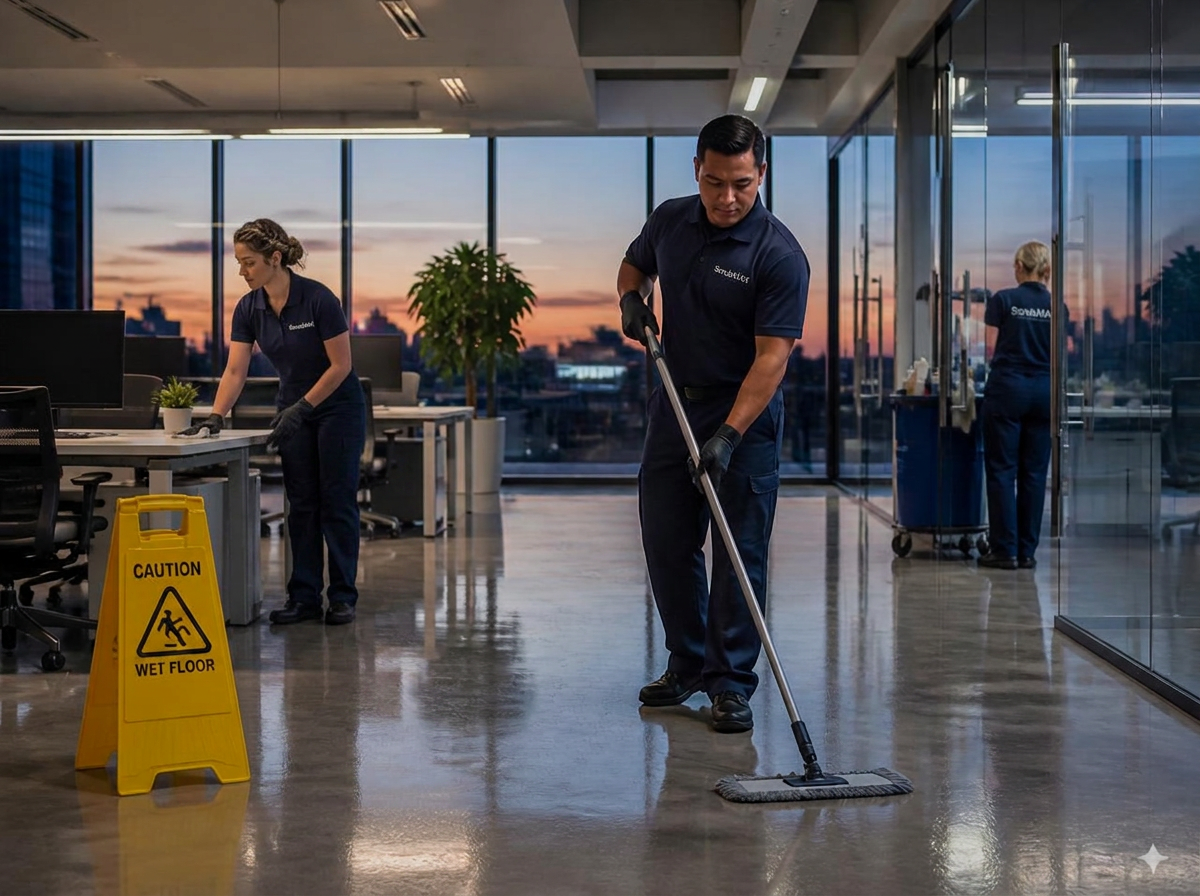 ScrubMAX cleaning professionals in branded shirts servicing a bright commercial office in Newnan, Georgia