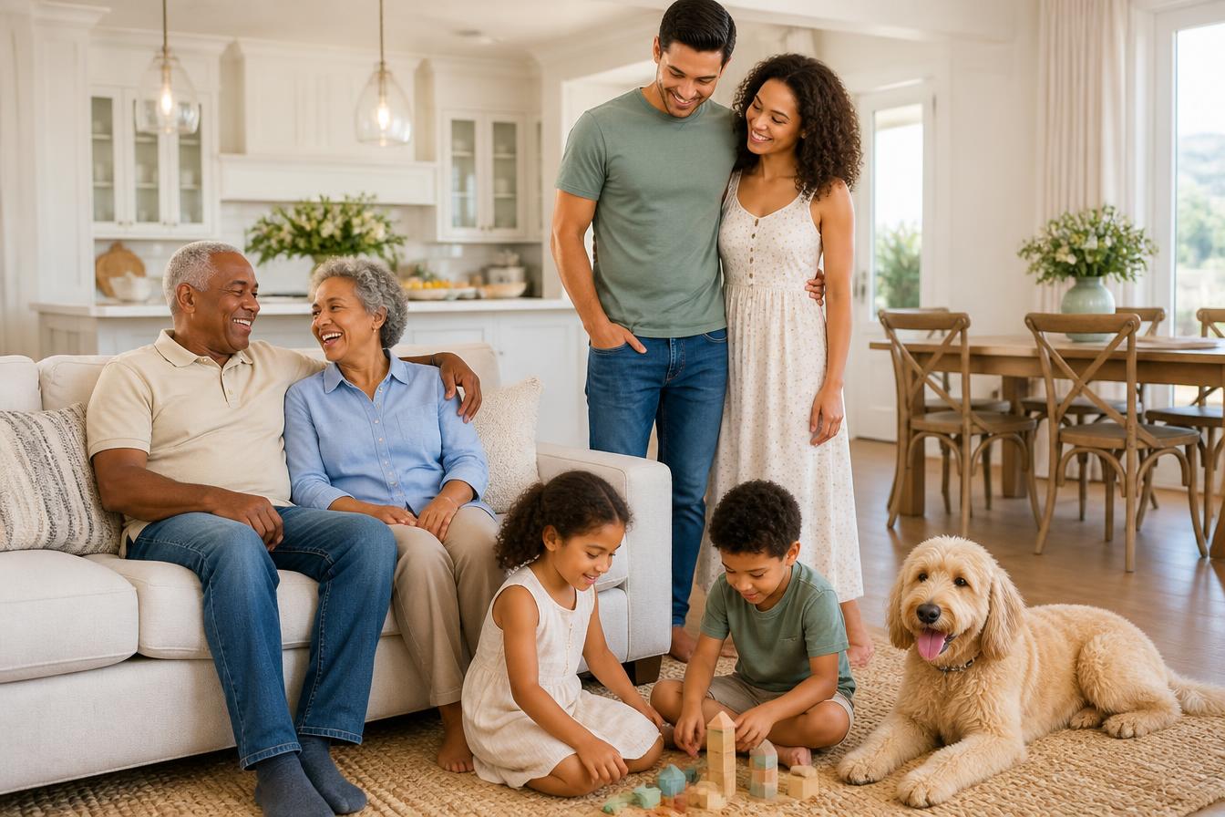 Family of three generations relaxing together in a freshly cleaned Newnan, Georgia living room